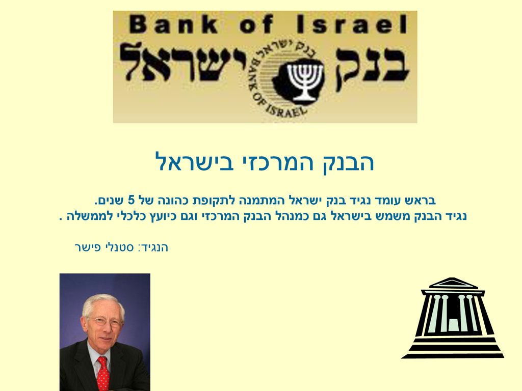 הבנק המרכזי בישראל בראש עומד נגיד בנק ישראל המתמנה לתקופת כהונה של 5 שנים. נגיד הבנק משמש בישראל גם כמנהל הבנק המרכזי וגם כיועץ כלכלי לממשלה .