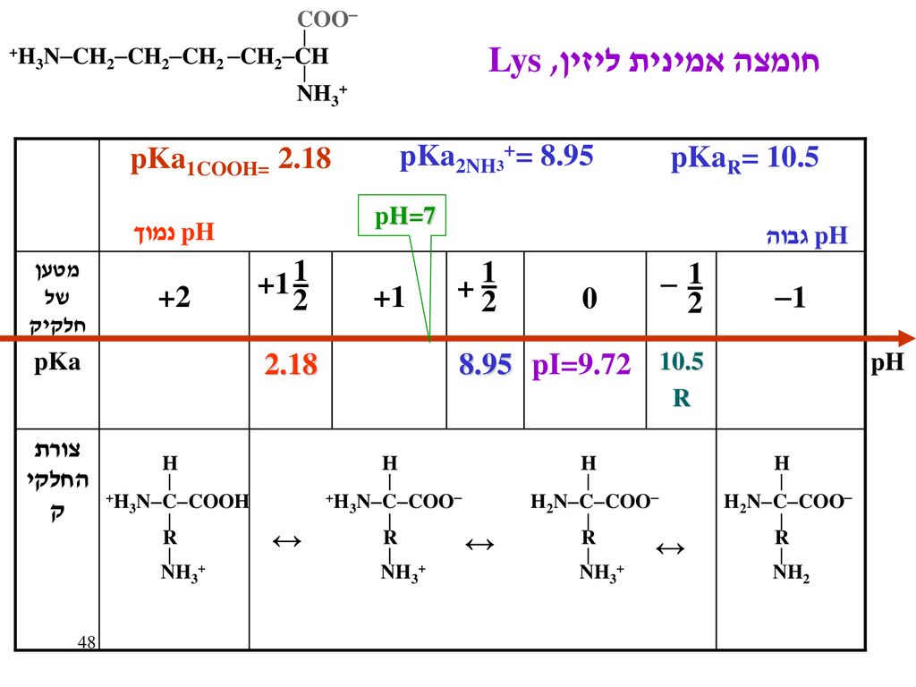 חומצה אמינית ליזין, Lys pKa1COOH= 2.18 pKa2NH3+= 8.95 pKaR=