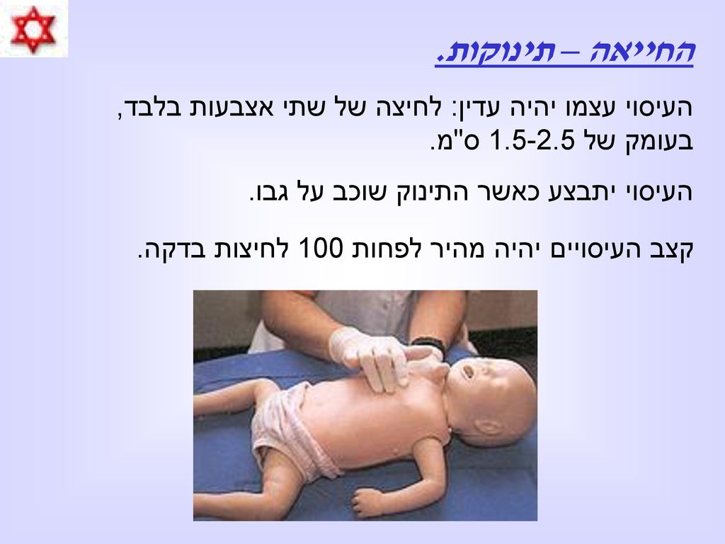 החייאה – תינוקות. העיסוי עצמו יהיה עדין: לחיצה של שתי אצבעות בלבד, בעומק של ס מ. העיסוי יתבצע כאשר התינוק שוכב על גבו.