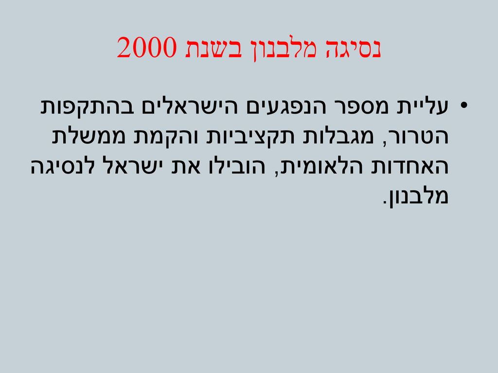 נסיגה מלבנון בשנת 2000 עליית מספר הנפגעים הישראלים בהתקפות הטרור, מגבלות תקציביות והקמת ממשלת האחדות הלאומית, הובילו את ישראל לנסיגה מלבנון.