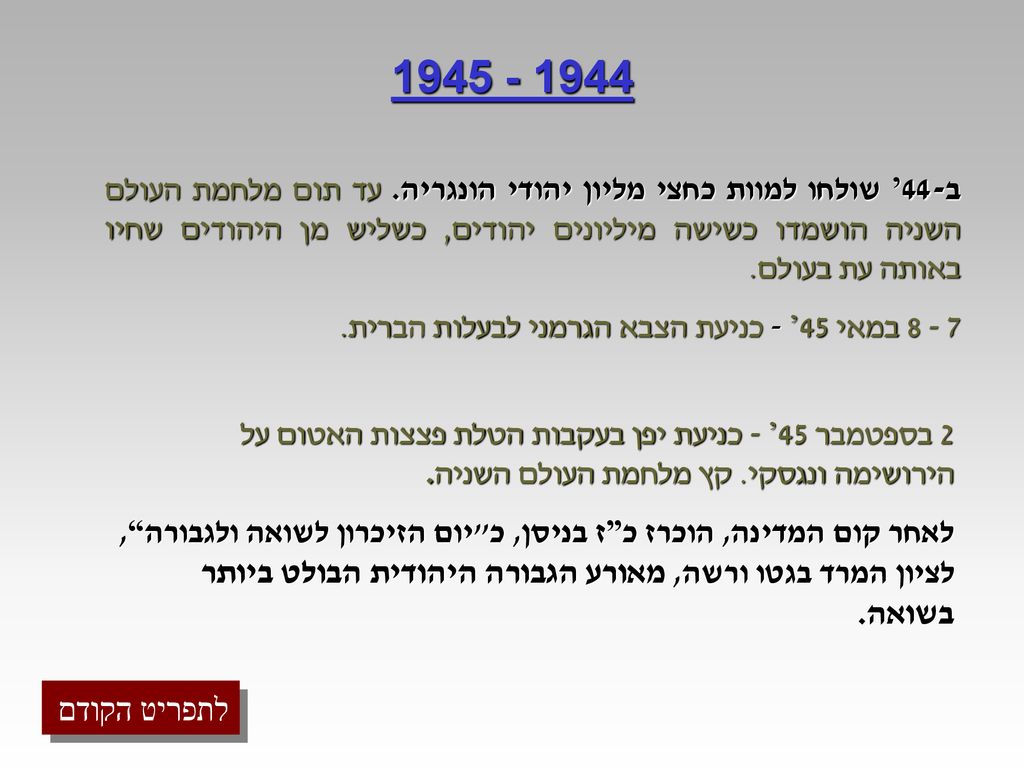 ב-44’ שולחו למוות כחצי מליון יהודי הונגריה. עד תום מלחמת העולם השניה הושמדו כשישה מיליונים יהודים, כשליש מן היהודים שחיו באותה עת בעולם.