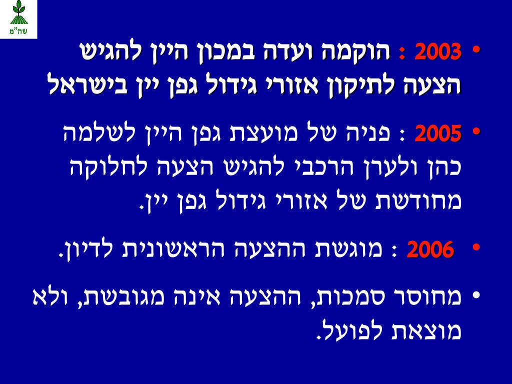 2003 : הוקמה ועדה במכון היין להגיש הצעה לתיקון אזורי גידול גפן יין בישראל