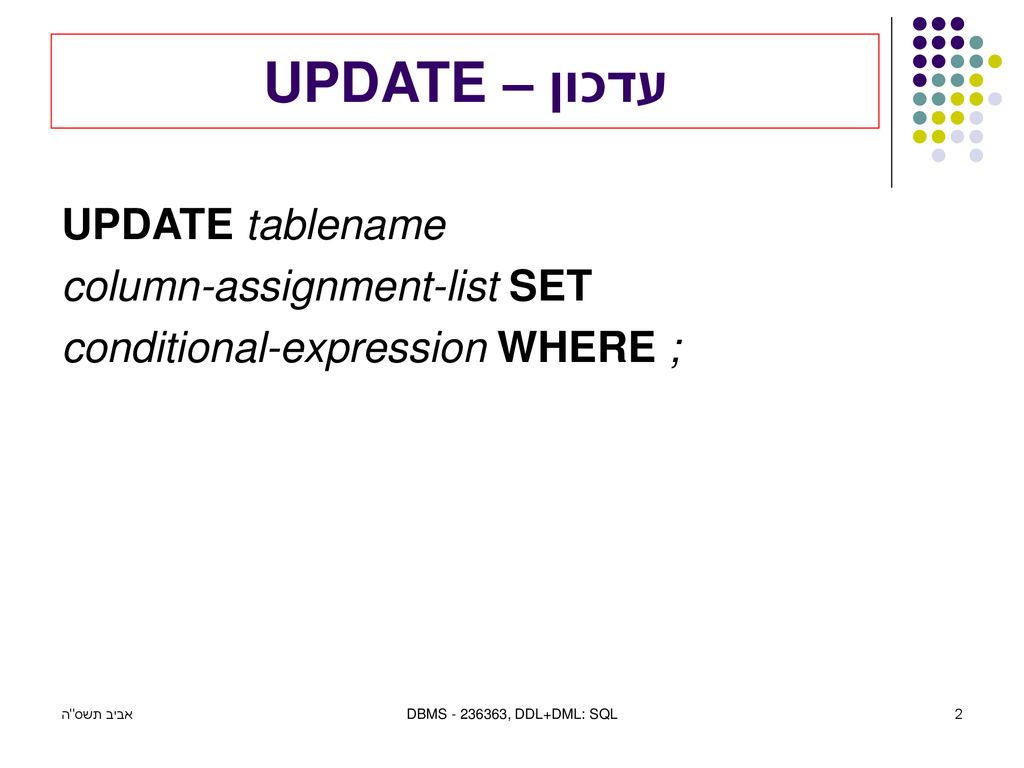עדכון – UPDATE UPDATE tablename column-assignment-list SET