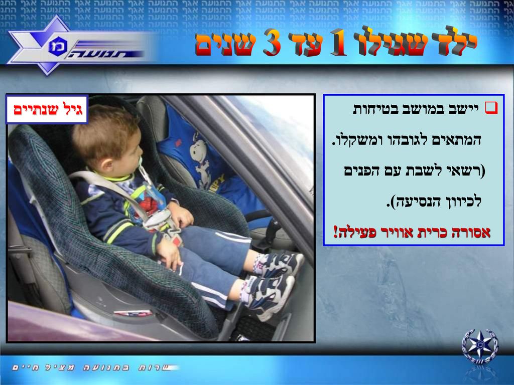 ילד שגילו 1 עד 3 שנים גיל שנתיים יישב במושב בטיחות
