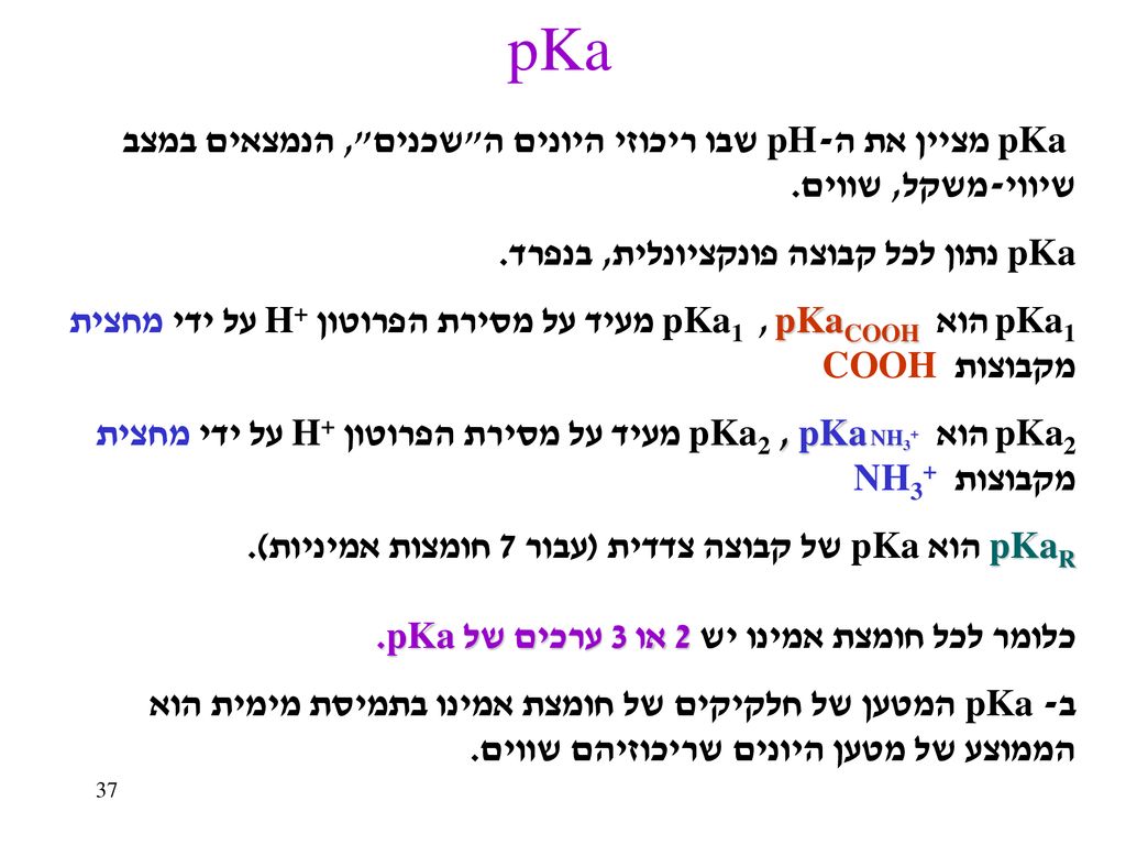 pKa pKa מציין את ה-pH שבו ריכוזי היונים ה שכנים , הנמצאים במצב שיווי-משקל, שווים. pKa נתון לכל קבוצה פונקציונלית, בנפרד.
