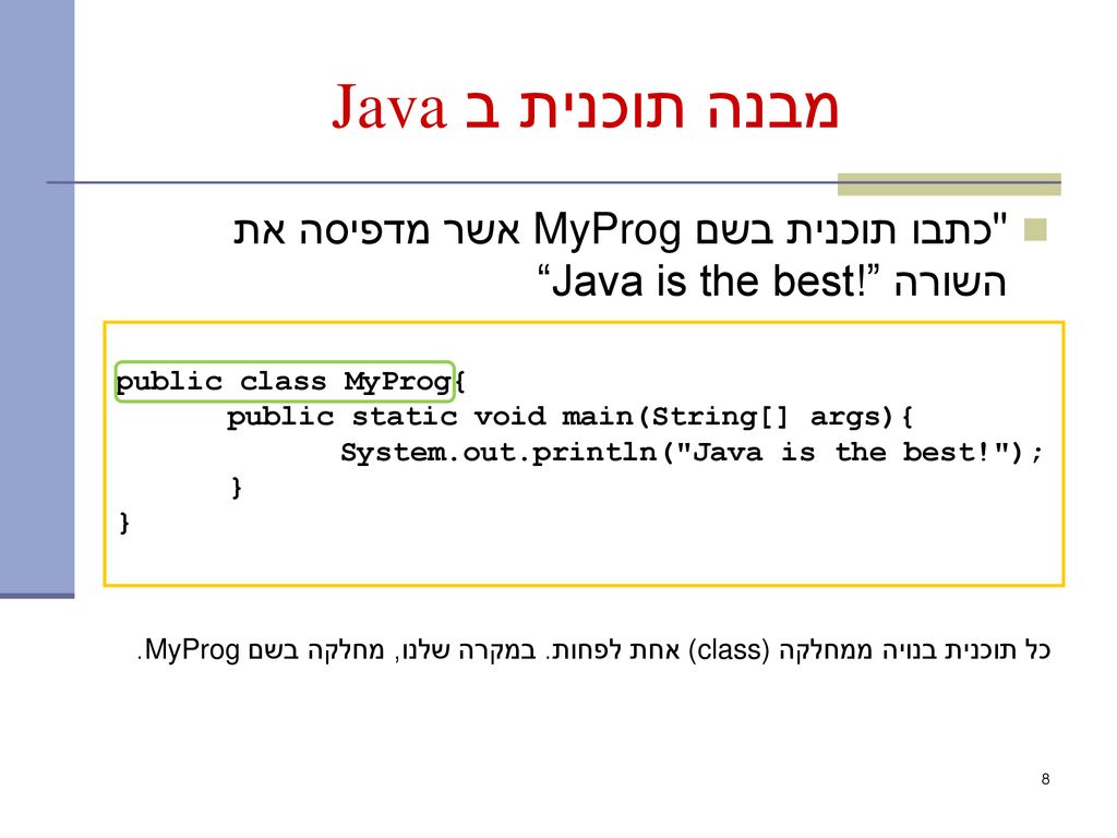 מבנה תוכנית ב Java כתבו תוכנית בשם MyProg אשר מדפיסה את השורה Java is the best! public class MyProg{