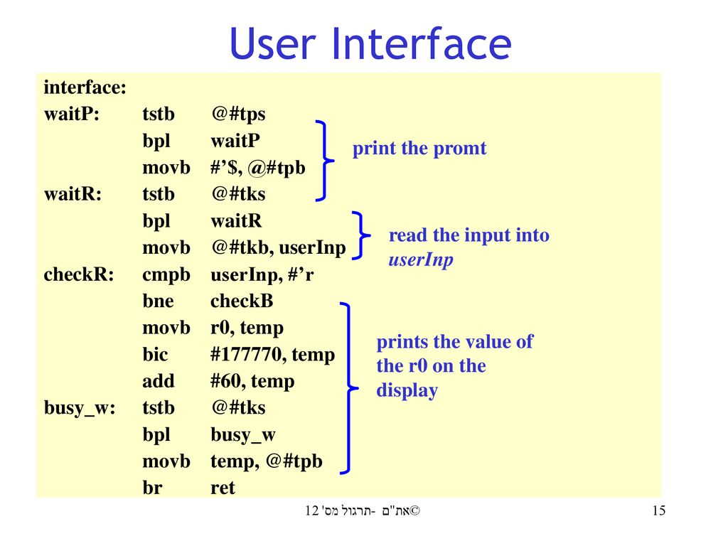 User Interface interface: waitP: bpl waitP movb